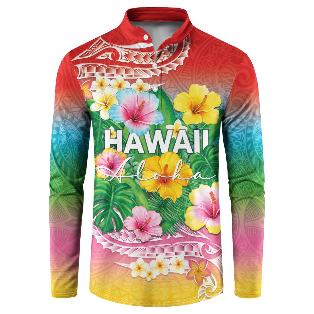 Hawaii Aloha Tropical Leaves and Flower Button Sweatshirt with Polynesian Art Tattoo Rainbow Color - Polynesian Pride