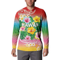 Hawaii Aloha Tropical Leaves and Flower Button Sweatshirt with Polynesian Art Tattoo Rainbow Color - Polynesian Pride
