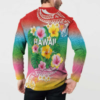 Hawaii Aloha Tropical Leaves and Flower Button Sweatshirt with Polynesian Art Tattoo Rainbow Color - Polynesian Pride
