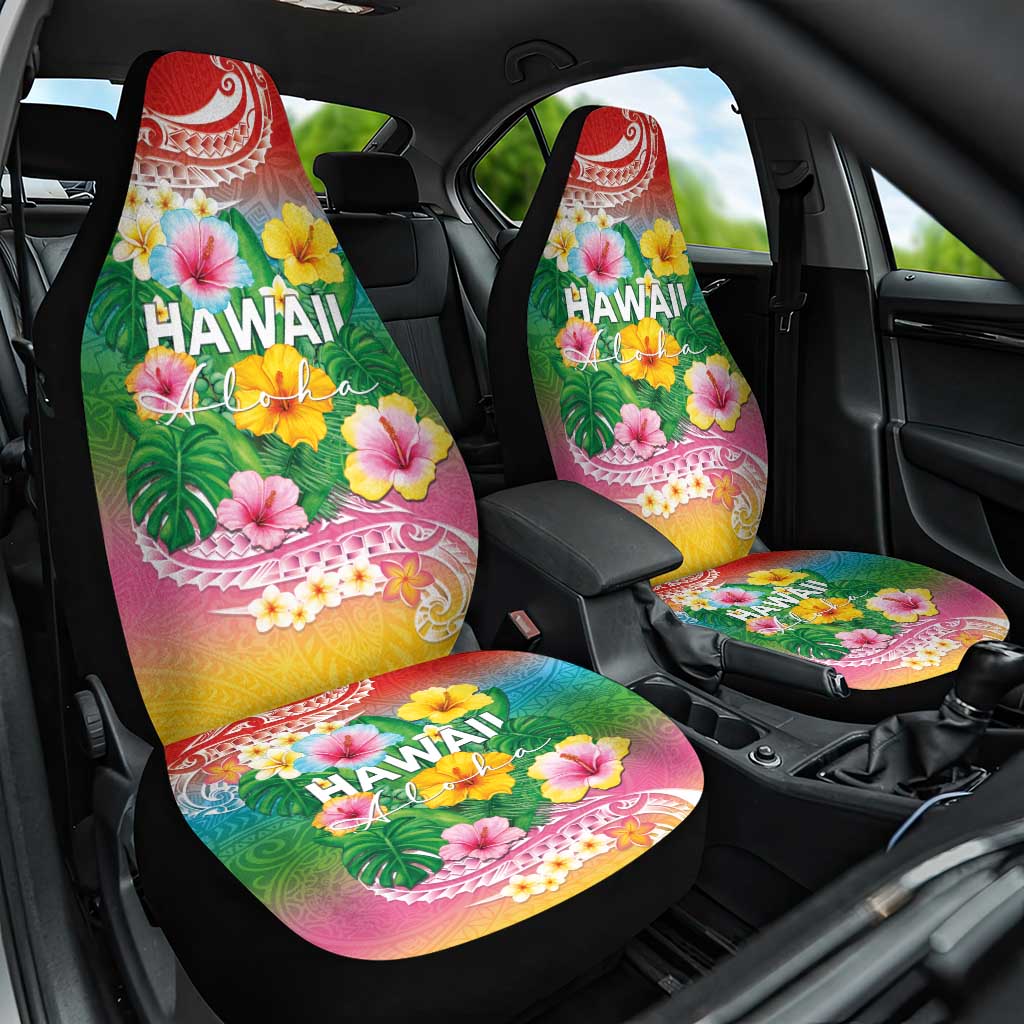 Hawaii Aloha Tropical Leaves and Flower Car Seat Cover with Polynesian Art Tattoo Rainbow Color - Polynesian Pride