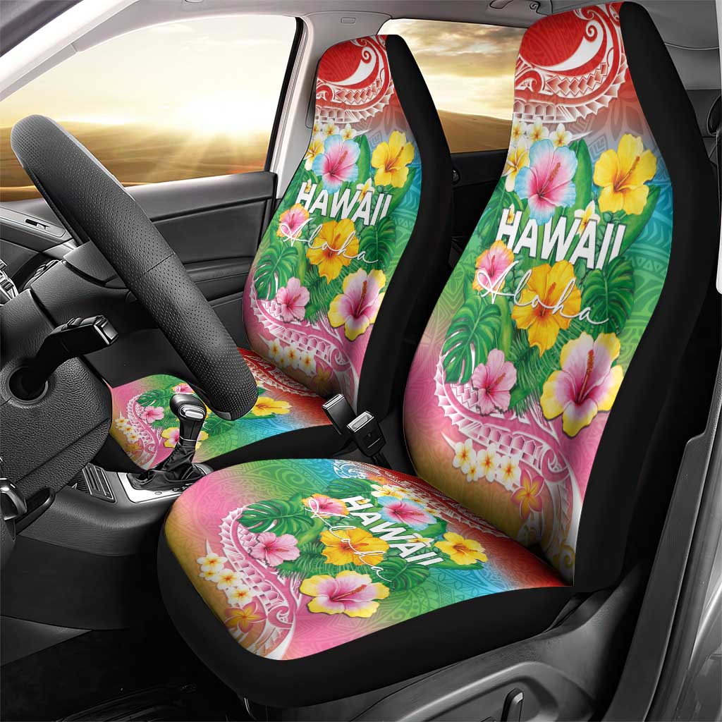 Hawaii Aloha Tropical Leaves and Flower Car Seat Cover with Polynesian Art Tattoo Rainbow Color - Polynesian Pride