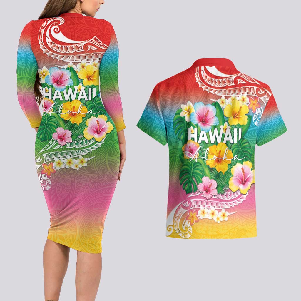 Hawaii Aloha Tropical Leaves and Flower Couples Matching Long Sleeve Bodycon Dress and Hawaiian Shirt with Polynesian Art Tattoo Rainbow Color - Polynesian Pride