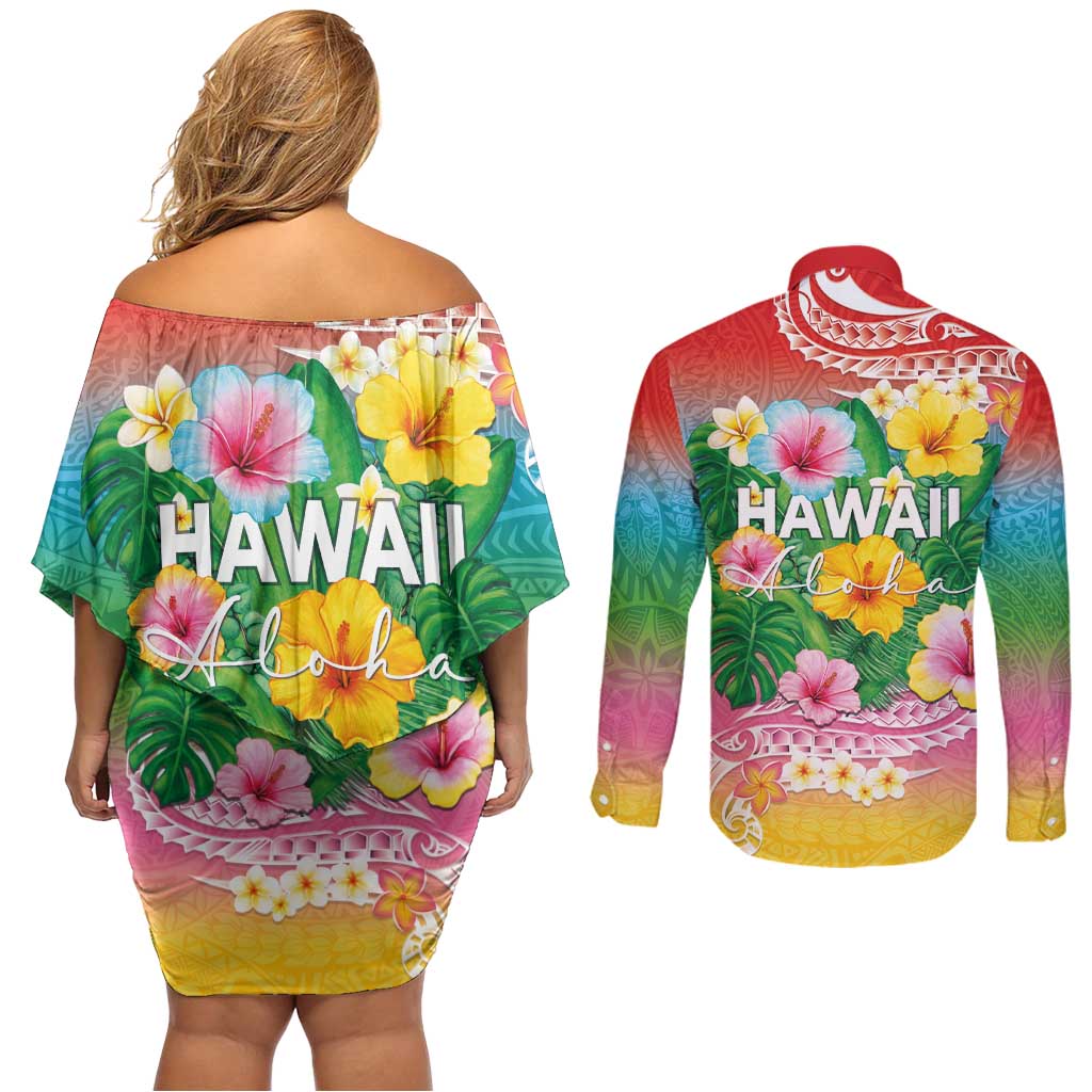 Hawaii Aloha Tropical Leaves and Flower Couples Matching Off Shoulder Short Dress and Long Sleeve Button Shirt with Polynesian Art Tattoo Rainbow Color - Polynesian Pride