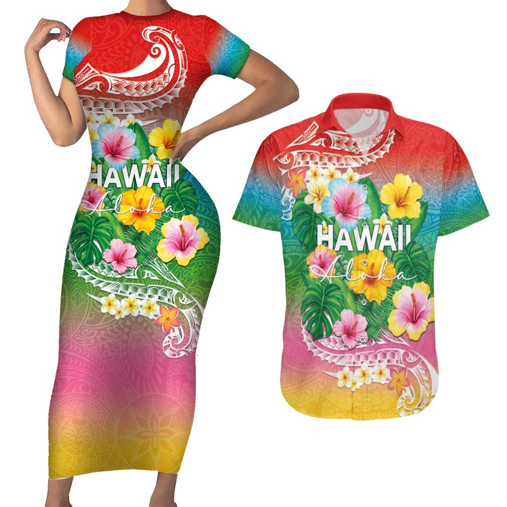 Hawaii Aloha Tropical Leaves and Flower Couples Matching Short Sleeve Bodycon Dress and Hawaiian Shirt with Polynesian Art Tattoo Rainbow Color - Polynesian Pride