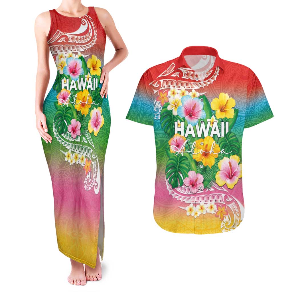 Hawaii Aloha Tropical Leaves and Flower Couples Matching Tank Maxi Dress and Hawaiian Shirt with Polynesian Art Tattoo Rainbow Color - Polynesian Pride