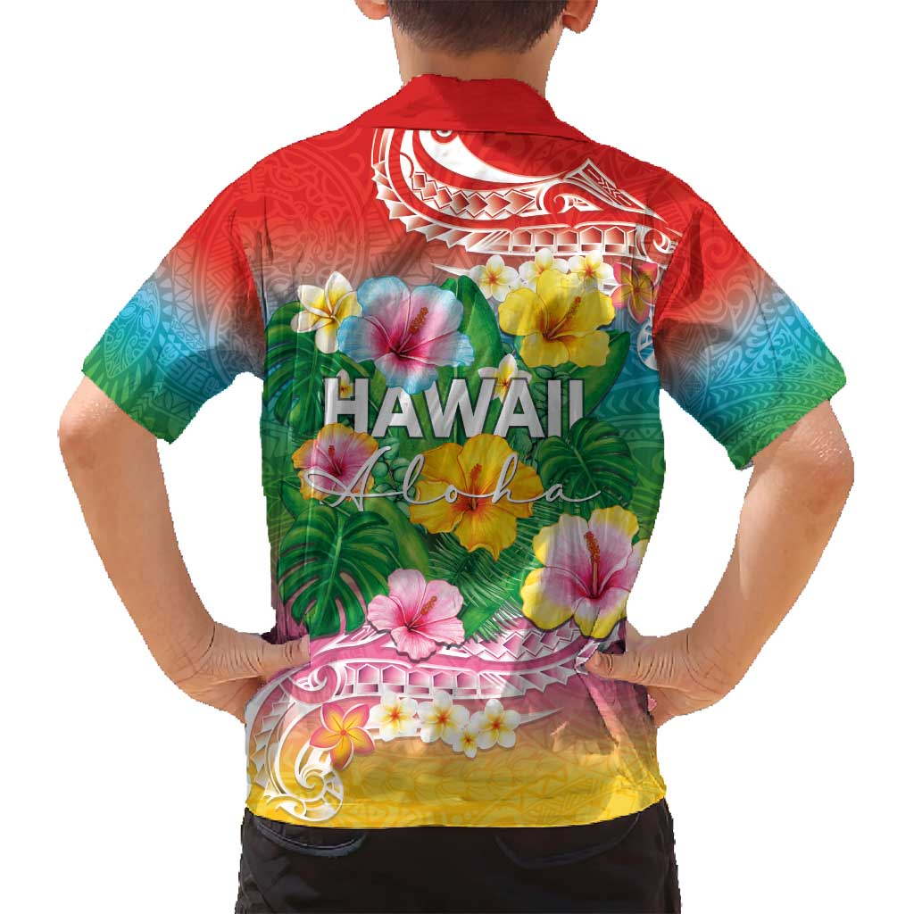 Hawaii Aloha Tropical Leaves and Flower Family Matching Off Shoulder Maxi Dress and Hawaiian Shirt with Polynesian Art Tattoo Rainbow Color - Polynesian Pride