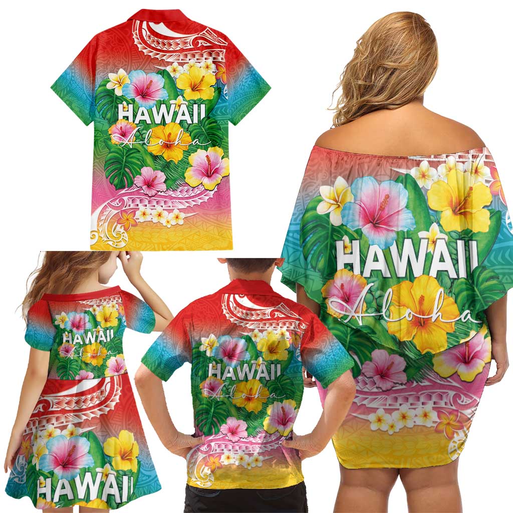 Hawaii Aloha Tropical Leaves and Flower Family Matching Off Shoulder Short Dress and Hawaiian Shirt with Polynesian Art Tattoo Rainbow Color - Polynesian Pride