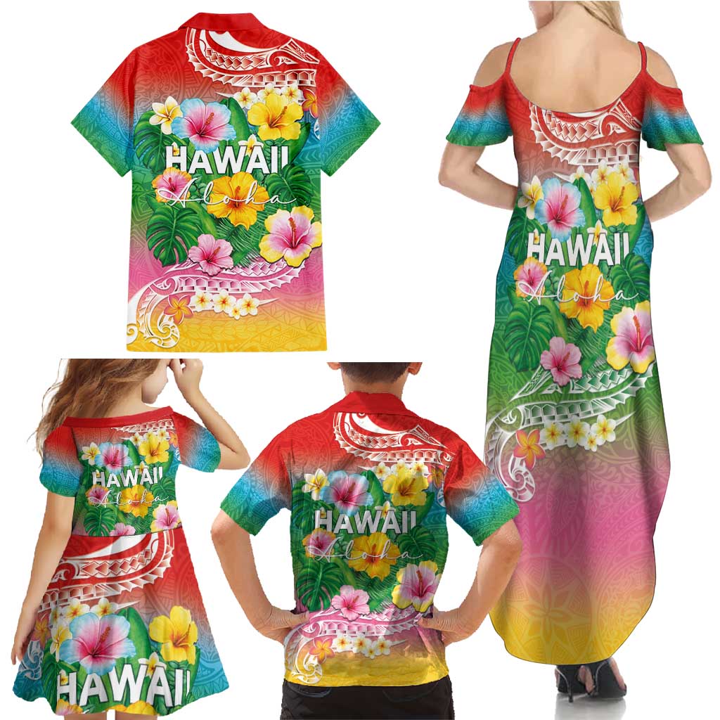 Hawaii Aloha Tropical Leaves and Flower Family Matching Summer Maxi Dress and Hawaiian Shirt with Polynesian Art Tattoo Rainbow Color - Polynesian Pride