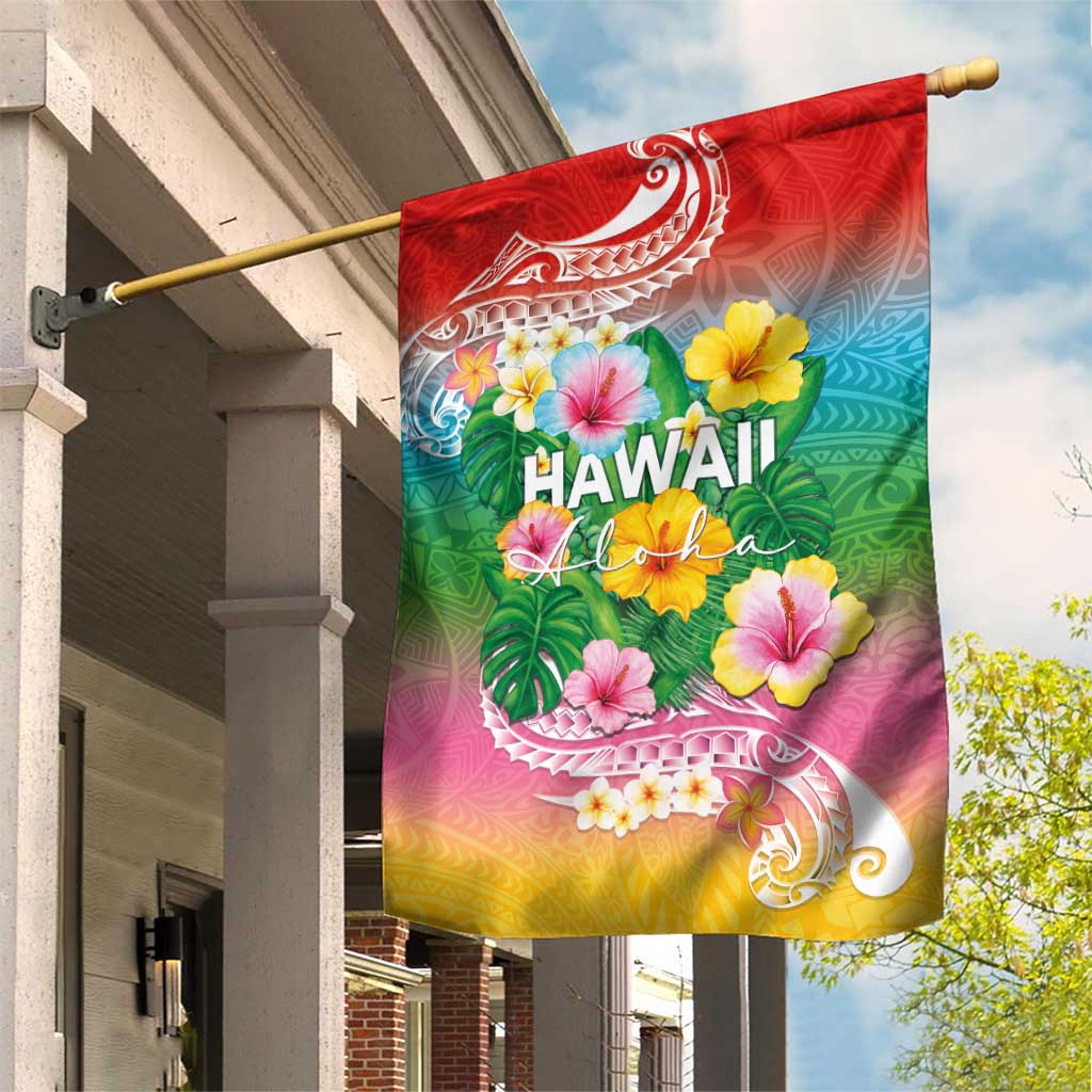 Hawaii Aloha Tropical Leaves and Flower Garden Flag with Polynesian Art Tattoo Rainbow Color - Polynesian Pride
