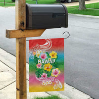 Hawaii Aloha Tropical Leaves and Flower Garden Flag with Polynesian Art Tattoo Rainbow Color - Polynesian Pride
