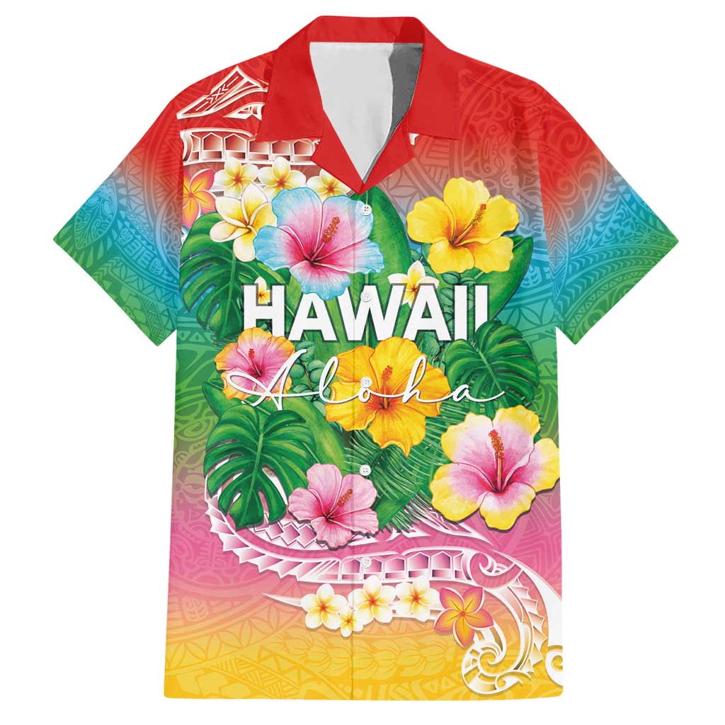 Hawaii Aloha Tropical Leaves and Flower Hawaiian Shirt with Polynesian Art Tattoo Rainbow Color - Polynesian Pride