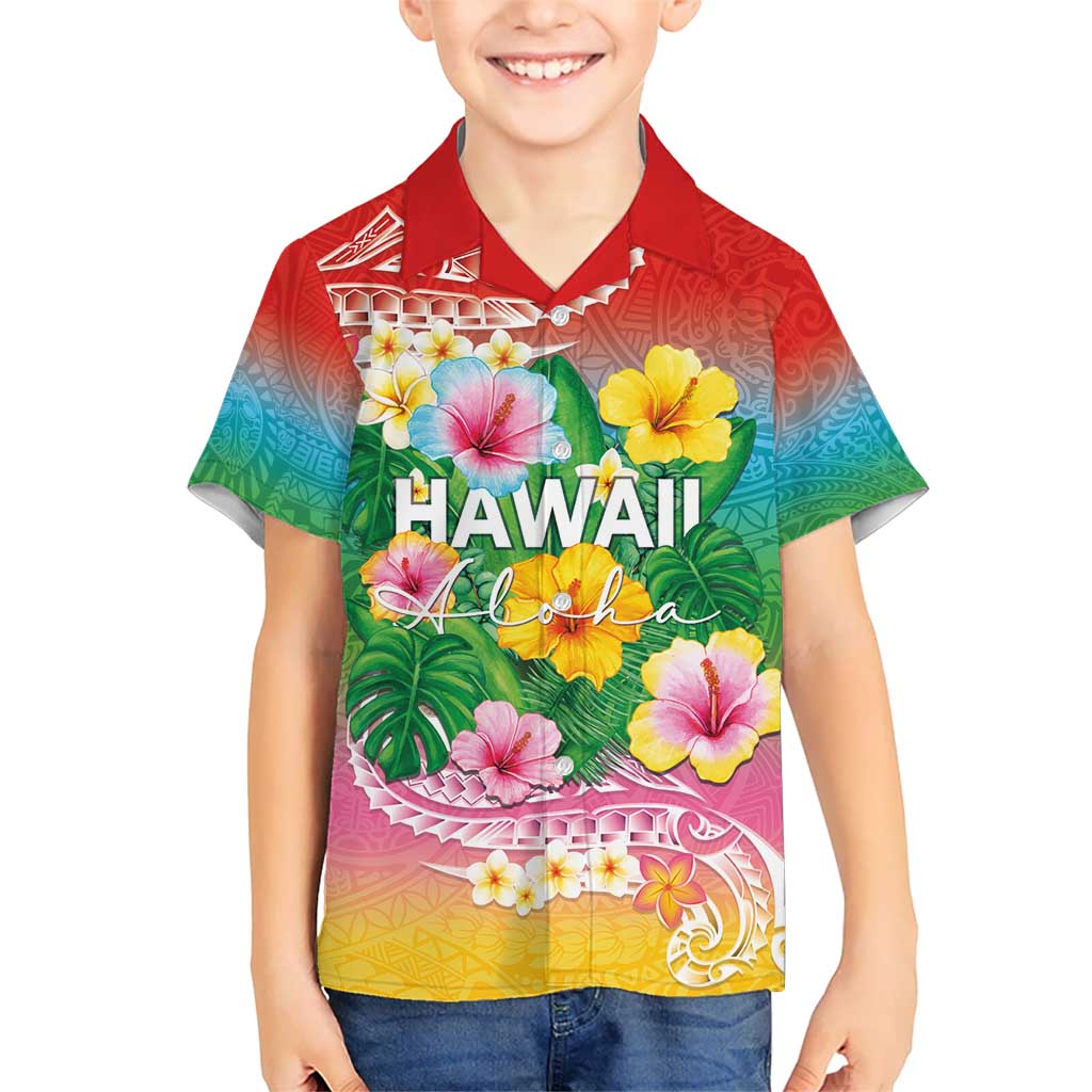 Hawaii Aloha Tropical Leaves and Flower Hawaiian Shirt with Polynesian Art Tattoo Rainbow Color - Polynesian Pride