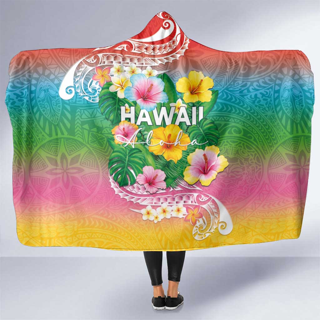 Hawaii Aloha Tropical Leaves and Flower Hooded Blanket with Polynesian Art Tattoo Rainbow Color - Polynesian Pride