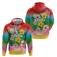 Hawaii Aloha Tropical Leaves and Flower Hoodie with Polynesian Art Tattoo Rainbow Color - Polynesian Pride