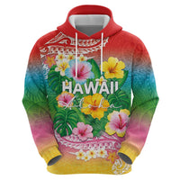 Hawaii Aloha Tropical Leaves and Flower Hoodie with Polynesian Art Tattoo Rainbow Color - Polynesian Pride