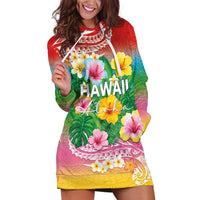 Hawaii Aloha Tropical Leaves and Flower Hoodie Dress with Polynesian Art Tattoo Rainbow Color - Polynesian Pride