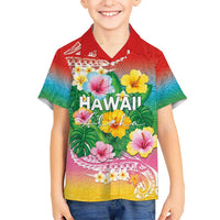 Hawaii Aloha Tropical Leaves and Flower Kid Hawaiian Shirt with Polynesian Art Tattoo Rainbow Color - Polynesian Pride