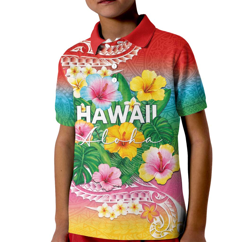Hawaii Aloha Tropical Leaves and Flower Kid Polo Shirt with Polynesian Art Tattoo Rainbow Color - Polynesian Pride