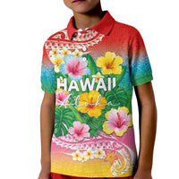 Hawaii Aloha Tropical Leaves and Flower Kid Polo Shirt with Polynesian Art Tattoo Rainbow Color - Polynesian Pride