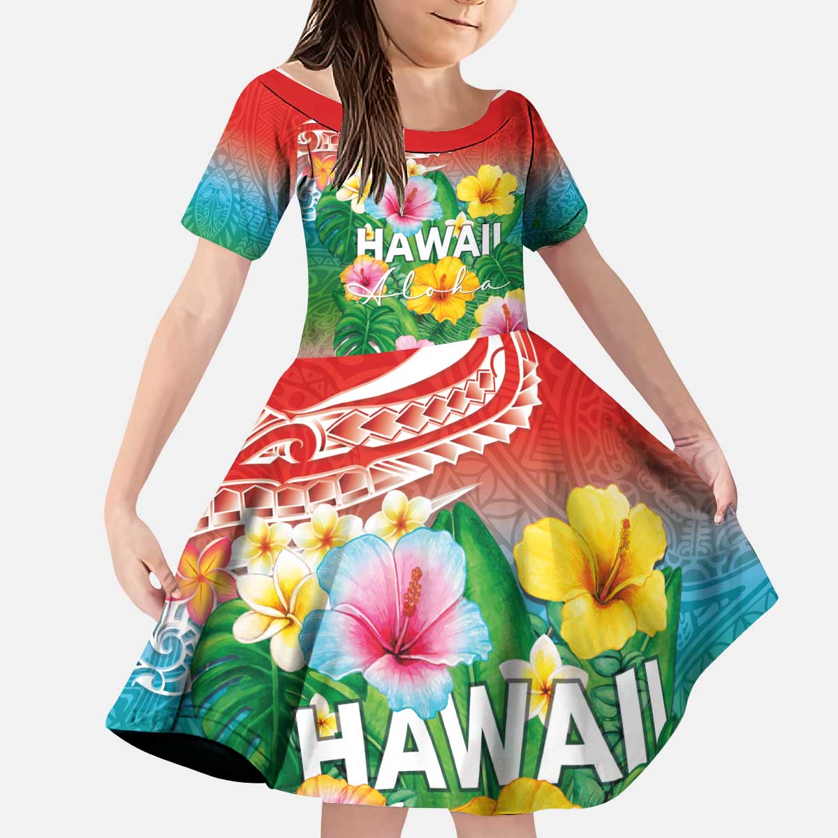 Hawaii Aloha Tropical Leaves and Flower Kid Short Sleeve Dress with Polynesian Art Tattoo Rainbow Color - Polynesian Pride