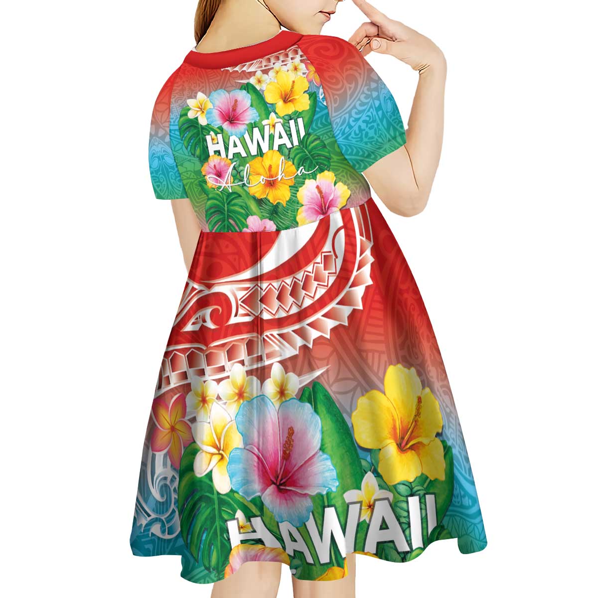 Hawaii Aloha Tropical Leaves and Flower Kid Short Sleeve Dress with Polynesian Art Tattoo Rainbow Color - Polynesian Pride