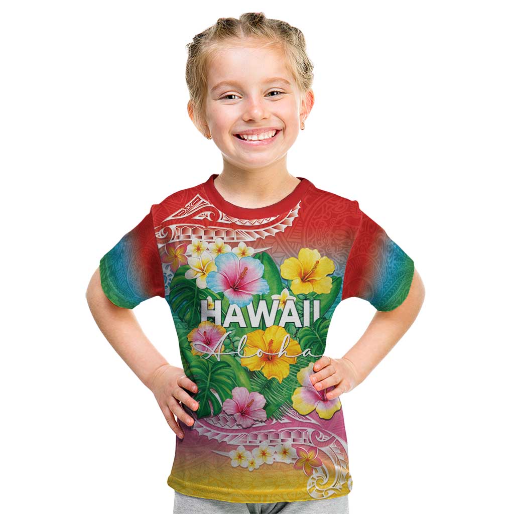 Hawaii Aloha Tropical Leaves and Flower Kid T Shirt with Polynesian Art Tattoo Rainbow Color - Polynesian Pride