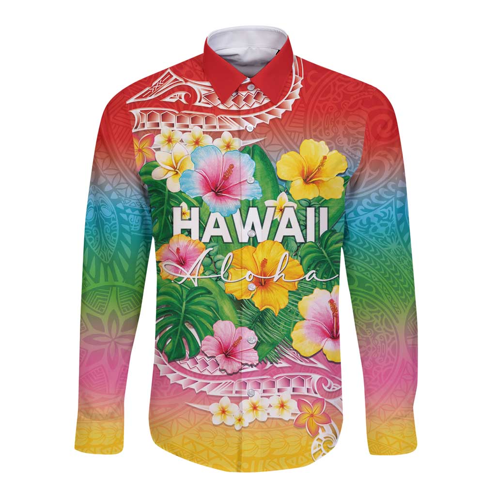 Hawaii Aloha Tropical Leaves and Flower Long Sleeve Button Shirt with Polynesian Art Tattoo Rainbow Color - Polynesian Pride
