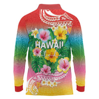 Hawaii Aloha Tropical Leaves and Flower Long Sleeve Polo Shirt with Polynesian Art Tattoo Rainbow Color - Polynesian Pride