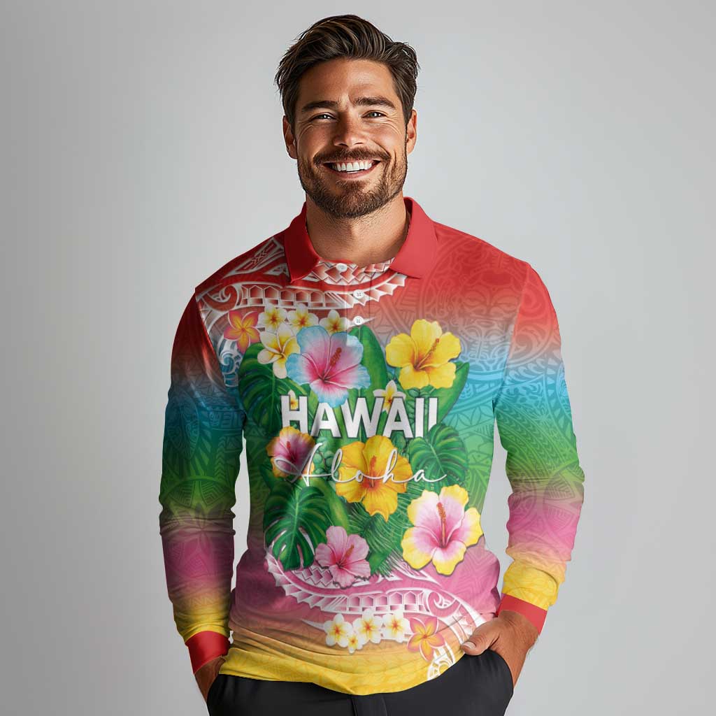 Hawaii Aloha Tropical Leaves and Flower Long Sleeve Polo Shirt with Polynesian Art Tattoo Rainbow Color - Polynesian Pride