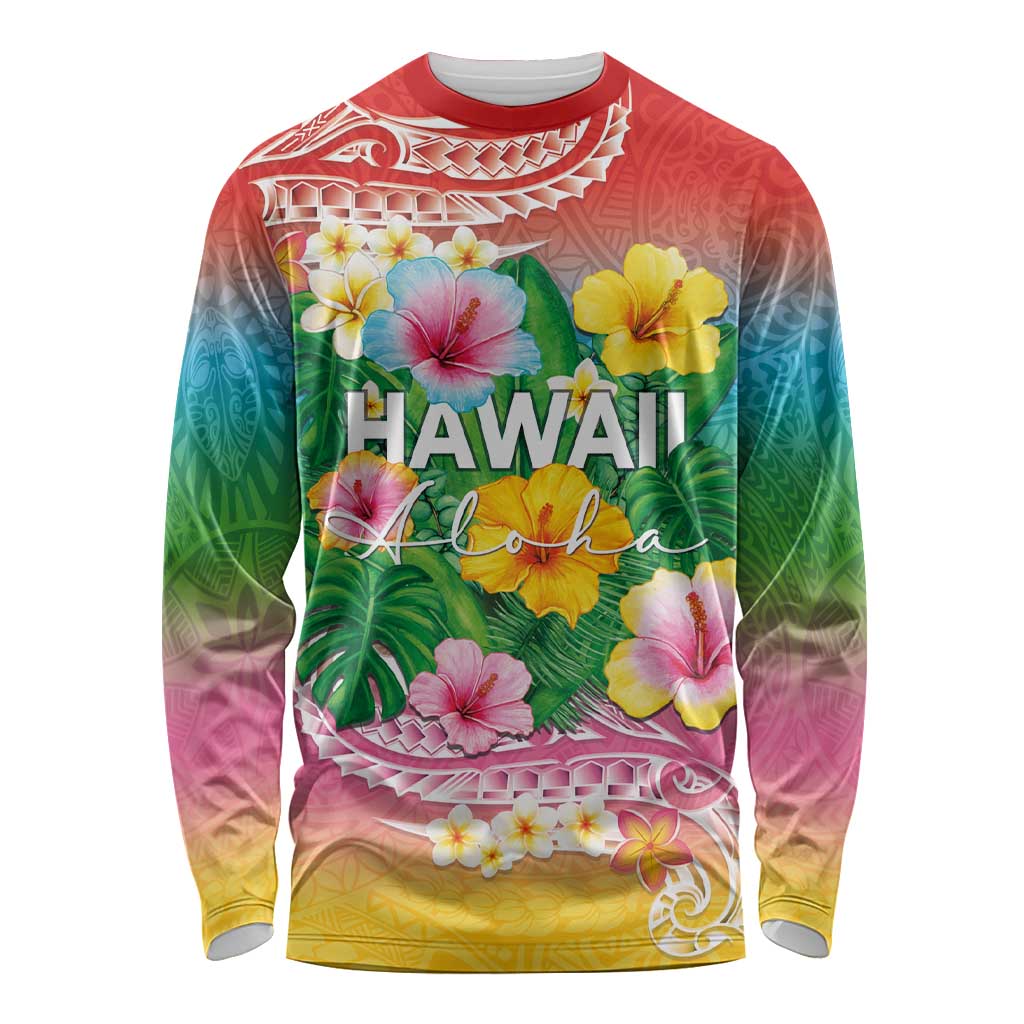 Hawaii Aloha Tropical Leaves and Flower Long Sleeve Shirt with Polynesian Art Tattoo Rainbow Color - Polynesian Pride