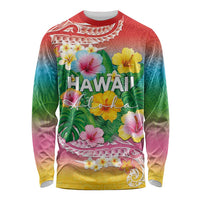Hawaii Aloha Tropical Leaves and Flower Long Sleeve Shirt with Polynesian Art Tattoo Rainbow Color - Polynesian Pride