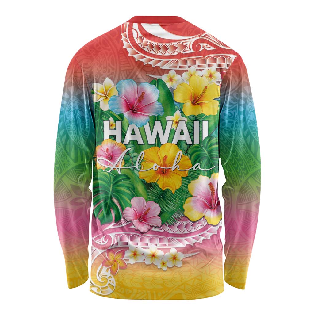 Hawaii Aloha Tropical Leaves and Flower Long Sleeve Shirt with Polynesian Art Tattoo Rainbow Color - Polynesian Pride