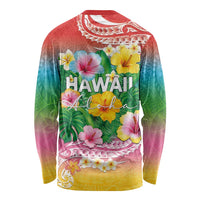 Hawaii Aloha Tropical Leaves and Flower Long Sleeve Shirt with Polynesian Art Tattoo Rainbow Color - Polynesian Pride