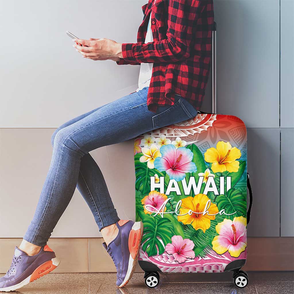 Hawaii Aloha Tropical Leaves and Flower Luggage Cover with Polynesian Art Tattoo Rainbow Color - Polynesian Pride
