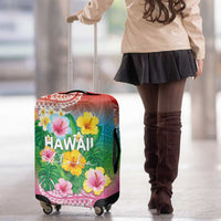 Hawaii Aloha Tropical Leaves and Flower Luggage Cover with Polynesian Art Tattoo Rainbow Color - Polynesian Pride