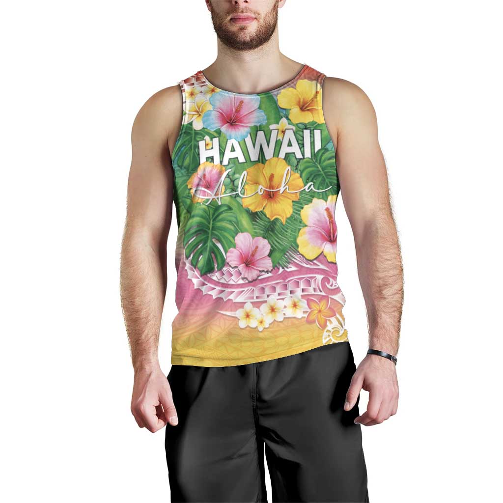 Hawaii Aloha Tropical Leaves and Flower Men Tank Top with Polynesian Art Tattoo Rainbow Color LT03 - Polynesian Pride