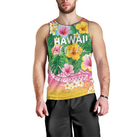Hawaii Aloha Tropical Leaves and Flower Men Tank Top with Polynesian Art Tattoo Rainbow Color LT03 - Polynesian Pride