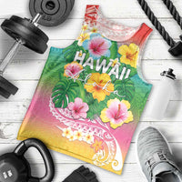 Hawaii Aloha Tropical Leaves and Flower Men Tank Top with Polynesian Art Tattoo Rainbow Color LT03 - Polynesian Pride