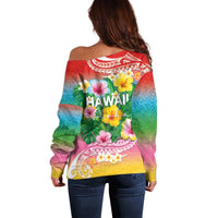 Hawaii Aloha Tropical Leaves and Flower Off Shoulder Sweater with Polynesian Art Tattoo Rainbow Color - Polynesian Pride