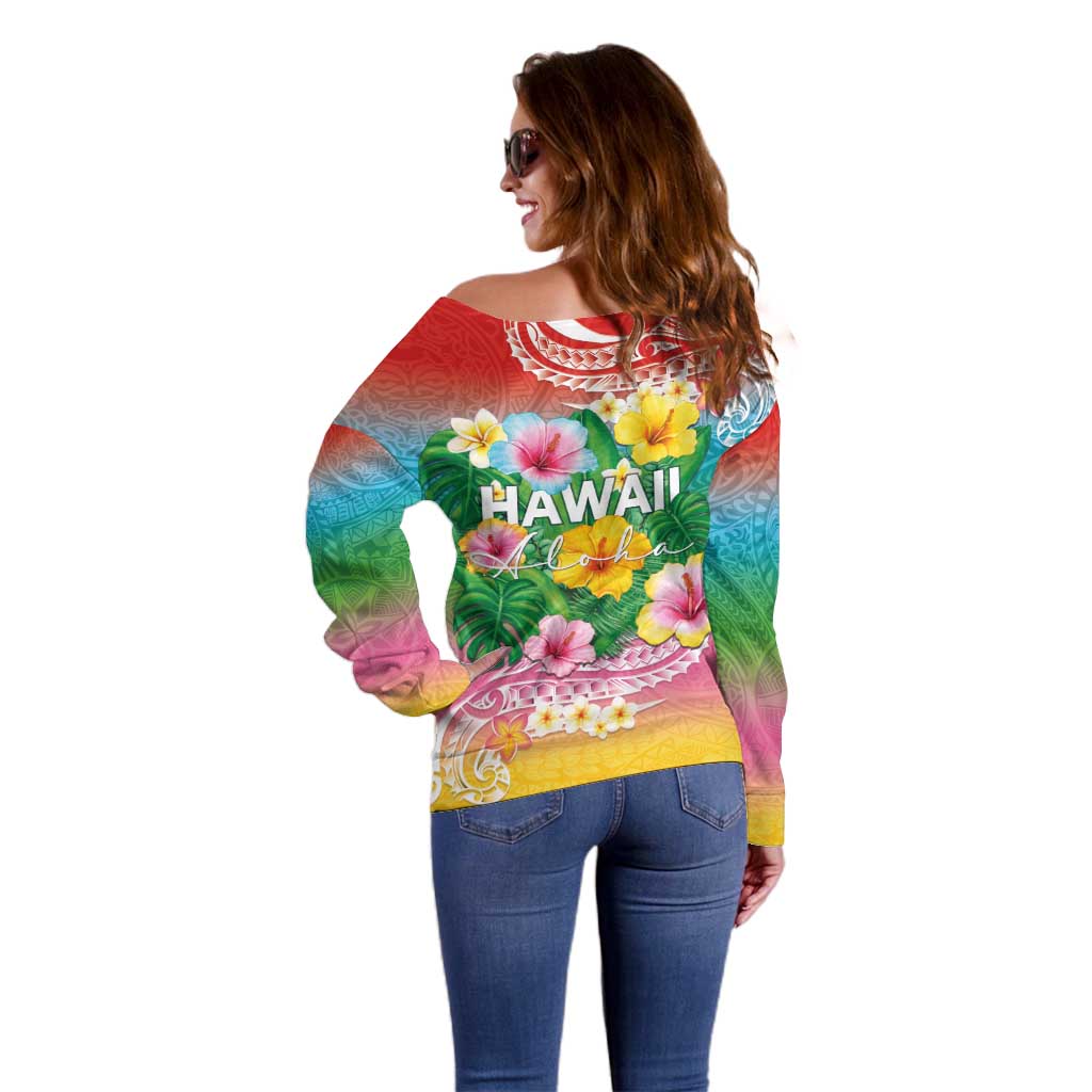Hawaii Aloha Tropical Leaves and Flower Off Shoulder Sweater with Polynesian Art Tattoo Rainbow Color - Polynesian Pride