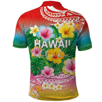 Hawaii Aloha Tropical Leaves and Flower Polo Shirt with Polynesian Art Tattoo Rainbow Color - Polynesian Pride