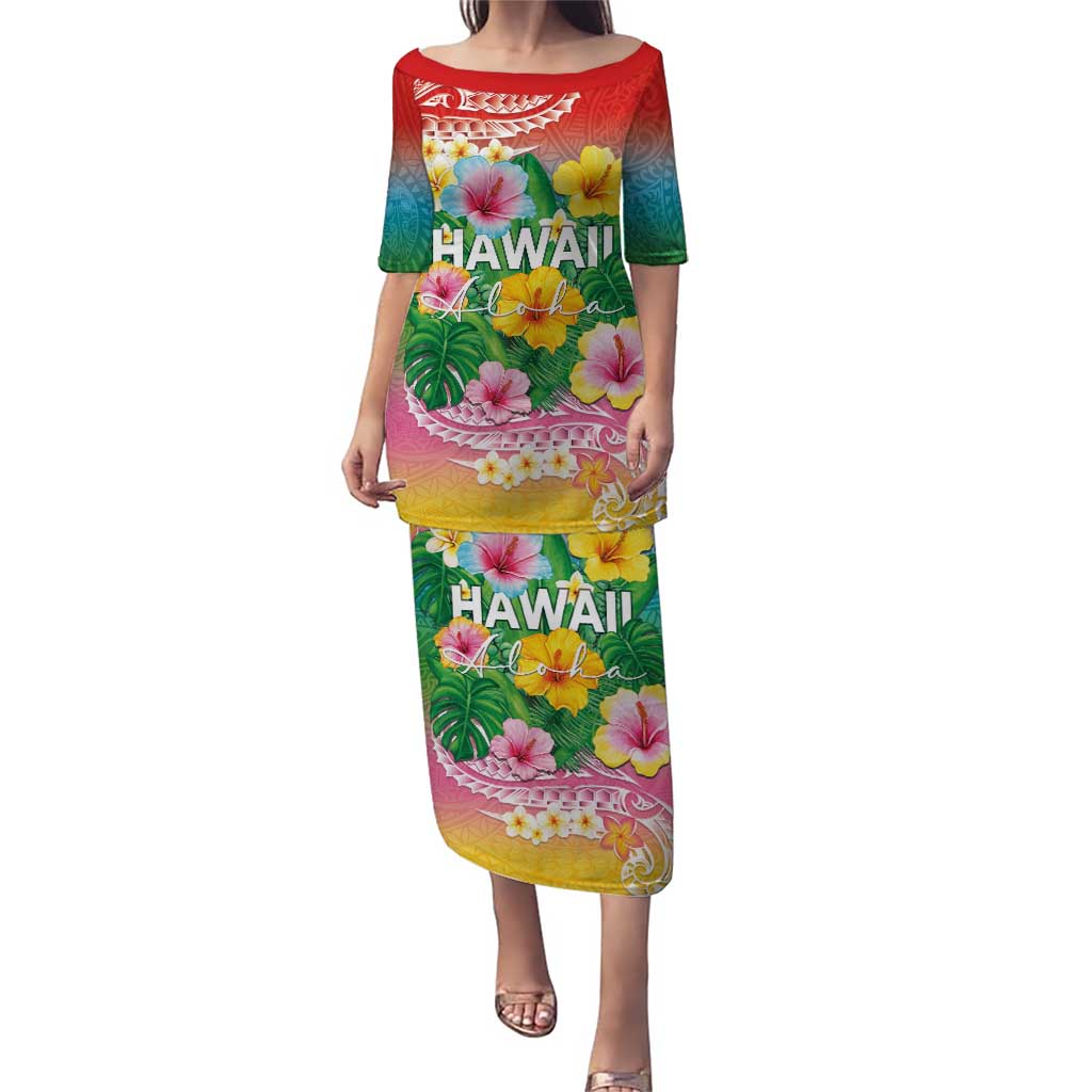 Hawaii Aloha Tropical Leaves and Flower Puletasi with Polynesian Art Tattoo Rainbow Color - Polynesian Pride