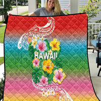 Hawaii Aloha Tropical Leaves and Flower Quilt with Polynesian Art Tattoo Rainbow Color - Polynesian Pride