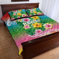 Hawaii Aloha Tropical Leaves and Flower Quilt Bed Set with Polynesian Art Tattoo Rainbow Color - Polynesian Pride
