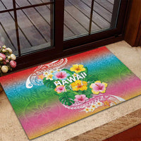 Hawaii Aloha Tropical Leaves and Flower Rubber Doormat with Polynesian Art Tattoo Rainbow Color - Polynesian Pride