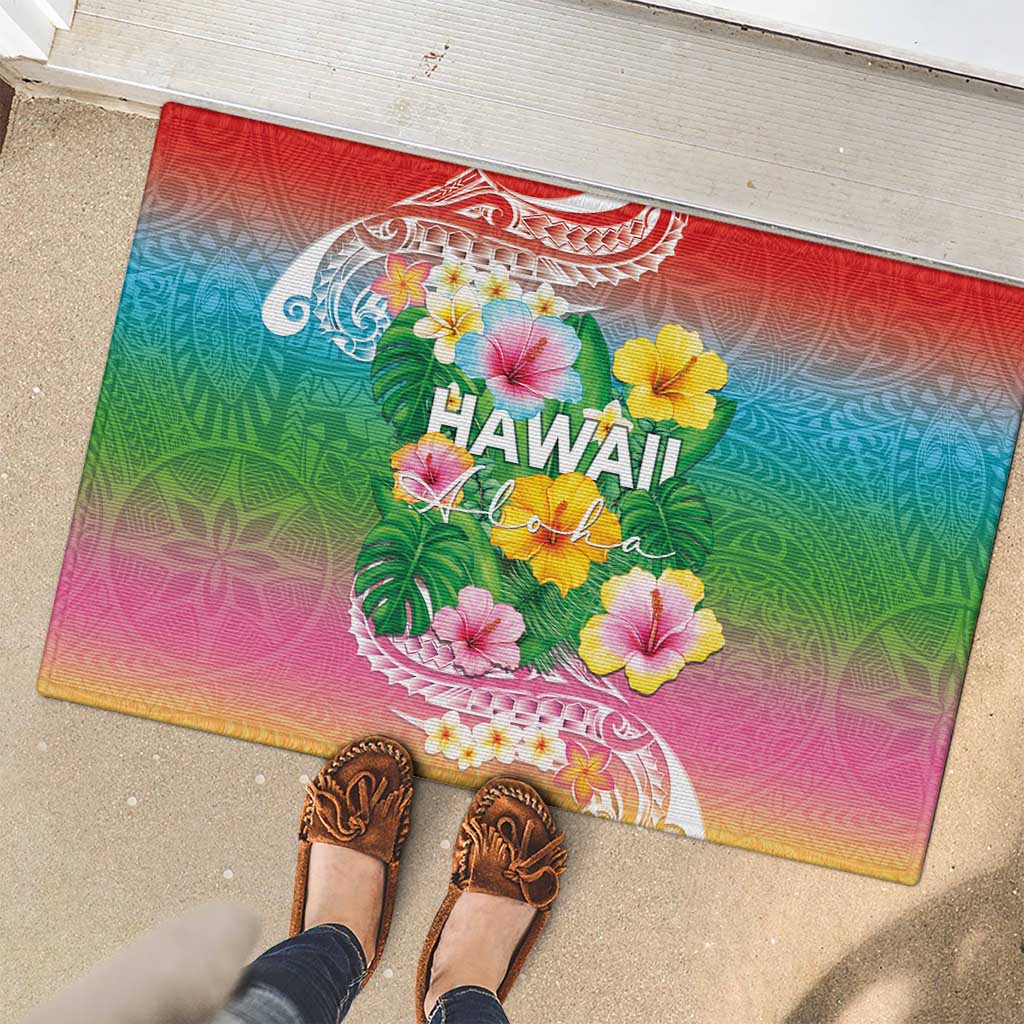 Hawaii Aloha Tropical Leaves and Flower Rubber Doormat with Polynesian Art Tattoo Rainbow Color - Polynesian Pride