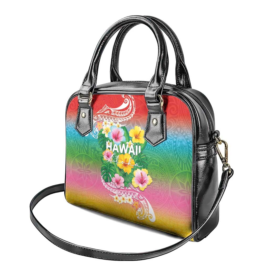 Hawaii Aloha Tropical Leaves and Flower Shoulder Handbag with Polynesian Art Tattoo Rainbow Color - Polynesian Pride