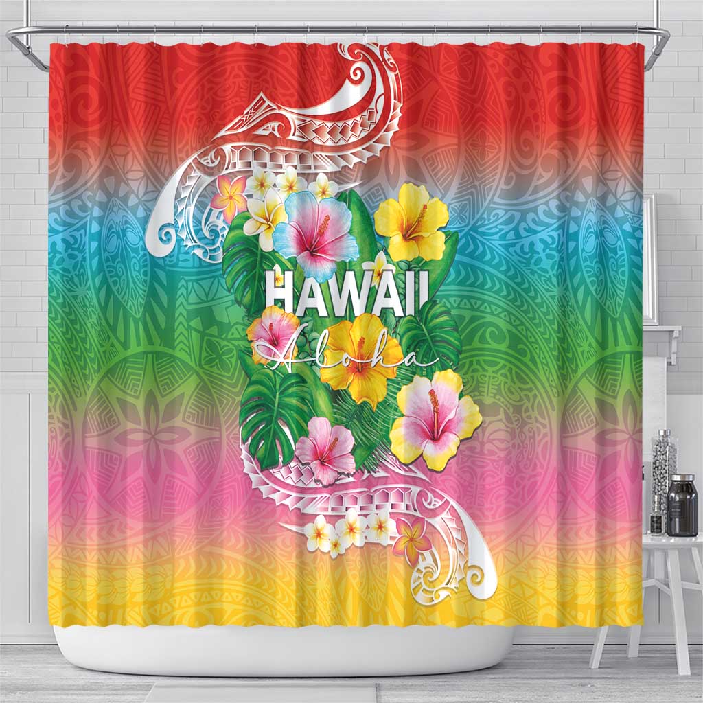 Hawaii Aloha Tropical Leaves and Flower Shower Curtain with Polynesian Art Tattoo Rainbow Color - Polynesian Pride