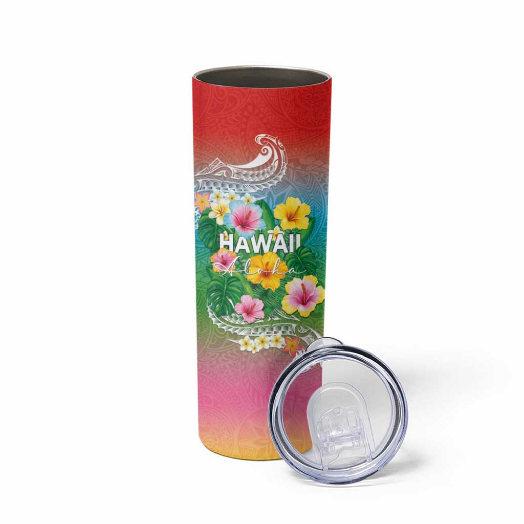 Hawaii Aloha Tropical Leaves and Flower Skinny Tumbler with Polynesian Art Tattoo Rainbow Color - Polynesian Pride
