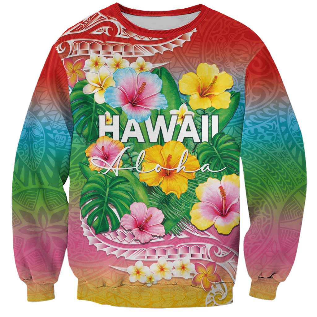 Hawaii Aloha Tropical Leaves and Flower Sweatshirt with Polynesian Art Tattoo Rainbow Color - Polynesian Pride